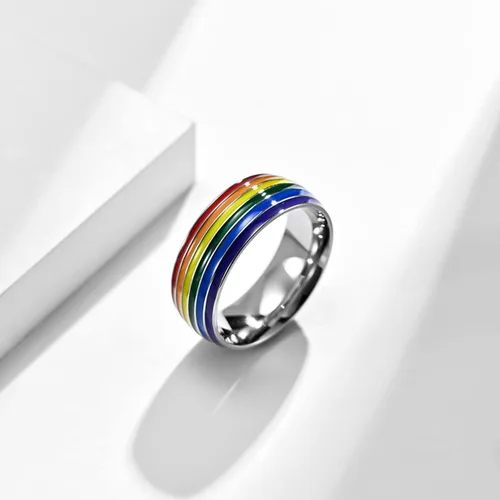 Miniatura 2 de Anillo de compromiso con arcoíris de orgullo para parejas, de acero inoxidable, 0.315in de ancho, arcoíris, boda, compromiso, para hombres y mujeres