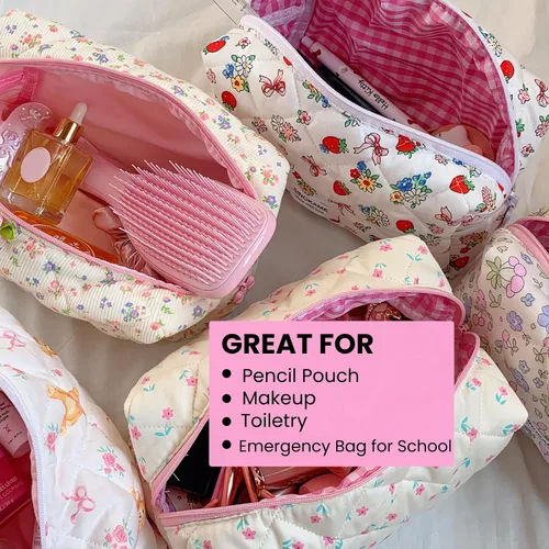 Miniatura 4 de SINOKAME Bolsa de maquillaje acolchada, bolsa de cosméticos hecha a mano de fresa, estuche organizador de maquillaje floral de coqueta, organizador