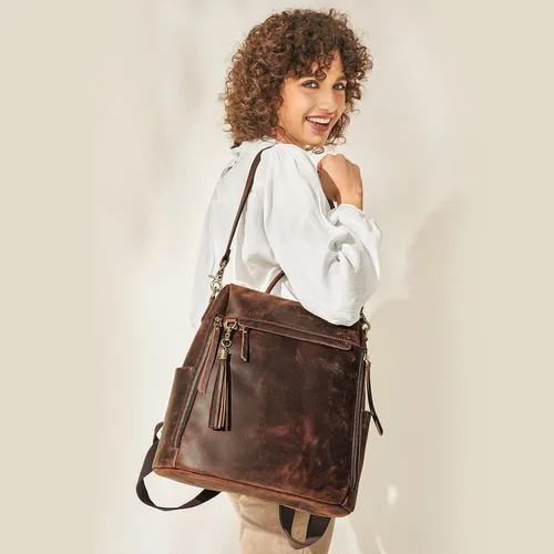 Miniatura 5 de S-ZONE Mochila vintage de cuero genuino para mujer con bolso de mano, Classic