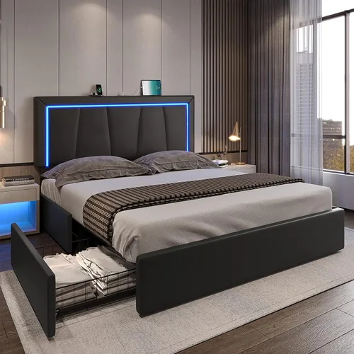 Miniatura 10 de DICTAC Marco de cama tamaño completo con cabecera y 4 cajones de almacenamiento, moderna plataforma de cama tapizada en cuero sintético