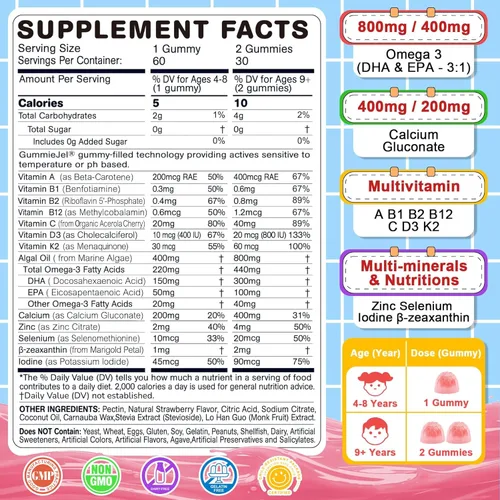 Miniatura 2 de Nextdia Gomitas rellenas de Omega 3 (EPA/DHA) para niños y adolescentes con multivitamínico, calcio + D3 + K2 + zinc, más vitamina A B1 B2 B12 C