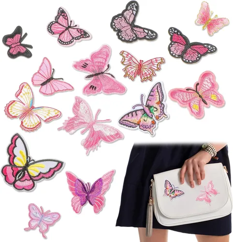 WILLBOND 15 parches de mariposa para planchar, parches bordados de mariposa rosa, parches para coser en reparación de ropa, decoraciones para