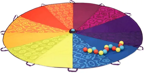 B. toys Woo - Paracaídas Hue! - Deportes al aire libre - Juega paracaídas con 15 bolas coloridas - 12 asas - Tienda de viento de 8 pies - Juegos al