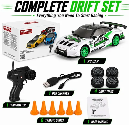 Miniatura 7 de Liberty Imports RC Drift Car 1/24 2.4GHz 4WD Control remoto Sport Racing Vehículo en carretera con luz LED, baterías y neumáticos de deriva