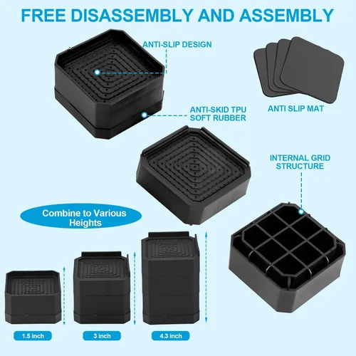 Miniatura 5 de Elevadores de muebles resistentes, elevadores de cama apilables, bloques de elevación de cama ajustables, elevación en alturas de 3 pulgadas