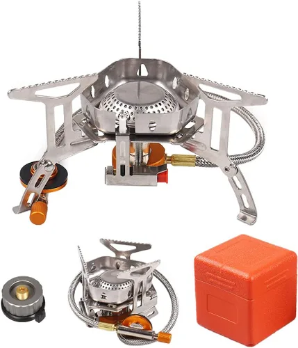 Quemador portátil a prueba de viento con encendido piezoeléctrico, adaptador de estufa, caja de almacenamiento de plástico, fuerte potencia de