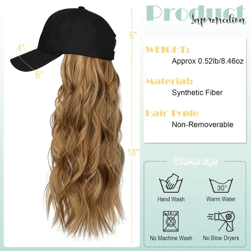 Miniatura 4 de Peluca de gorra de béisbol para mujer, gorra de béisbol con extensiones de cabello, gorra ajustable adjunta de 24 pulgadas de largo, ondulada