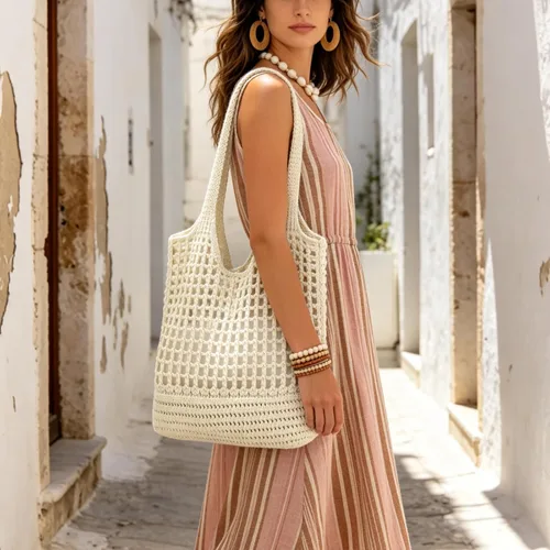Miniatura 2 de ENBEI Bolso de playa plegable para mujer, lavable y ligero, bolso de hombro tejido ecológico para viajes, compras, regalos Blanco-A