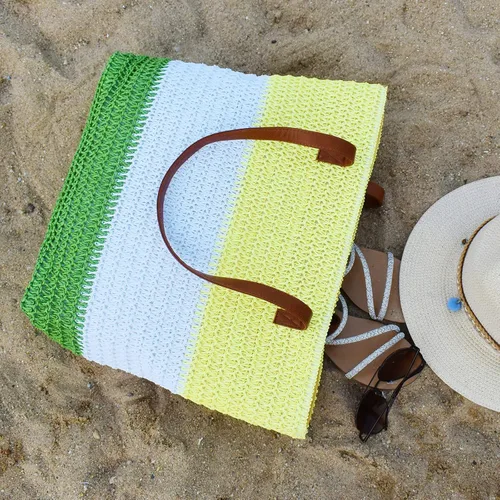 Miniatura 33 de Bolso grande de paja para mujer, tejido de ratán, bolso de playa de verano, a rayas