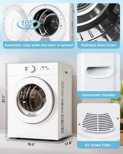Miniatura 5 de Feelfunn Secadora Compacta de 1.8 Pies Cúbicos - Secadora de Ropa Portátil de 1020W con Tambor de Acero Inoxidable, Carga Frontal por Volteo, Cuatro