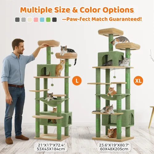 Miniatura 7 de PAWZ Road Árbol grande para gatos de 72 pulgadas y torre para gatos de interior, con postes rascadores cubiertos de sisal, perchas acolchadas, Verde