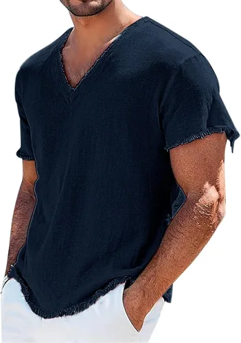 Miniatura 16 de Mens Cotton Linen Short Sleeve Shirts Retro Frayed Casual V-Neck Beach Hippie Tshirts Lightweight Summer Resort Tops