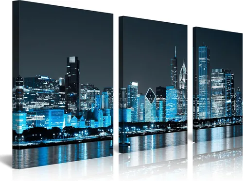 Miniatura 15 de NAN Wind Detroit Skyline - Lienzo decorativo para pared, paisaje urbano, escena nocturna, impresión artística de ciudad en blanco y negro sobre