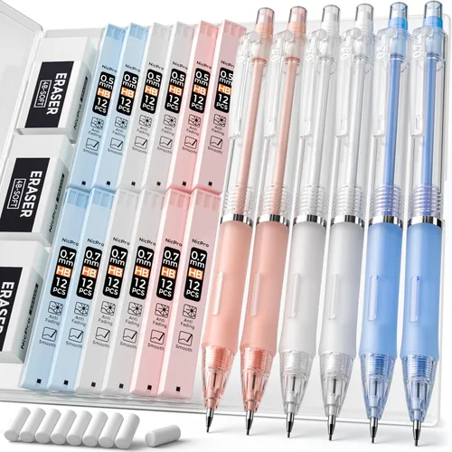 Nicpro 23 lápices mecánicos pastel de 0.5 y 0.028 in con estuche para la escuela, con 12 tubos de repuestos de plomo HB, 3 borradores, 9 repuestos