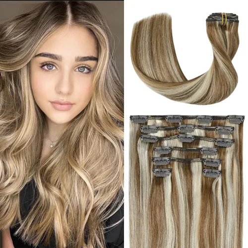 Miniatura 26 de UGOTRAYS Extensiones de cabello humano real de color rubio fresa a rubio decolorado, 12 pulgadas, lacio, doble trama, cabello Remy con clip, 2.47