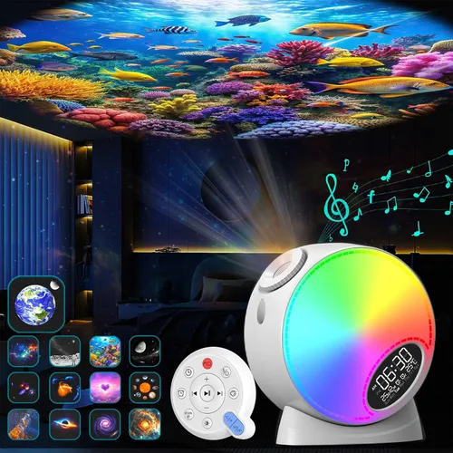 Miniatura 8 de Proyector Galaxy Pro para dormitorio, proyector de estrellas planetario 13 en 1, luz nocturna con temporizador y ruido blanco, control remoto, reloj