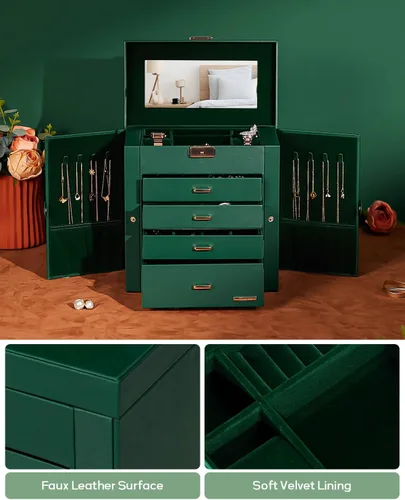 Miniatura 33 de Homde Regalos de Navidad de cuero sintético, enorme joyero, organizador de reloj con espejo, collar, anillo y aretes, estuche de regalo con Dorado