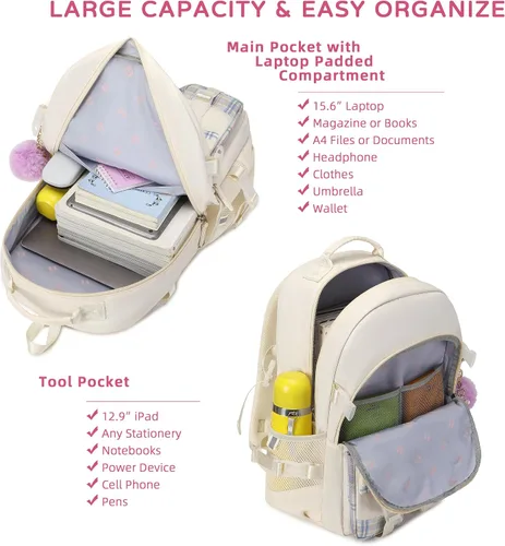 Miniatura 7 de Mochila para niñas de 15.6 pulgadas para laptop, bolsa escolar para niños de primaria y universidad, mochilas y bolsos escolares para niñas Beige