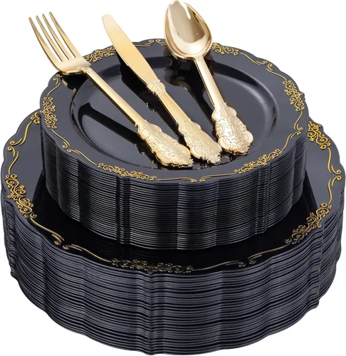 Miniatura 11 de DaYammi 150 platos de plástico negro plateado y cubiertos de plástico plateado, platos desechables de plata negra para incluir 30 platos llanos, 30