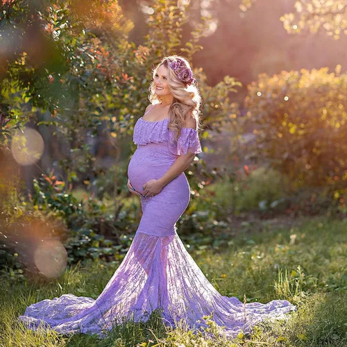 Miniatura 2 de Vestido de maternidad con volantes y hombros descubiertos para mujer, para fotografía, baby shower, vestido de sirena floral para sesión de fotos