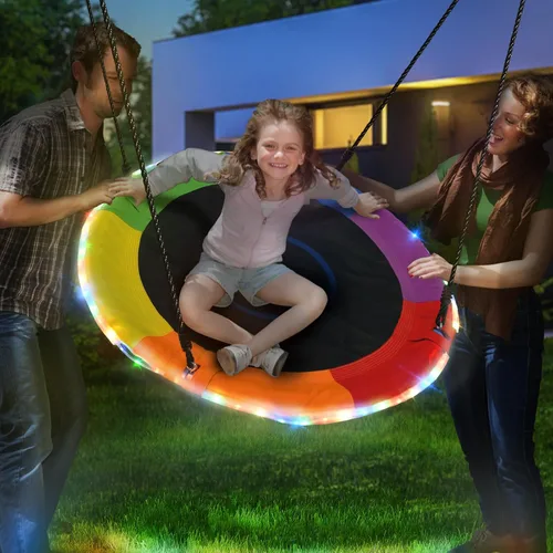 Miniatura 6 de Trekassy Columpio de árbol de platillo de 40 pulgadas para niños y adultos al aire libre con luces LED, 2 correas para colgar en el árbol, arcoíris
