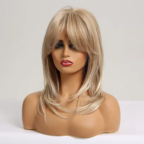 Miniatura 3 de BERON Pelucas rubias para mujer, peluca larga con flequillo de 18 pulgadas, pelucas sintéticas en capas para uso diario, pelucas de peluca incluida