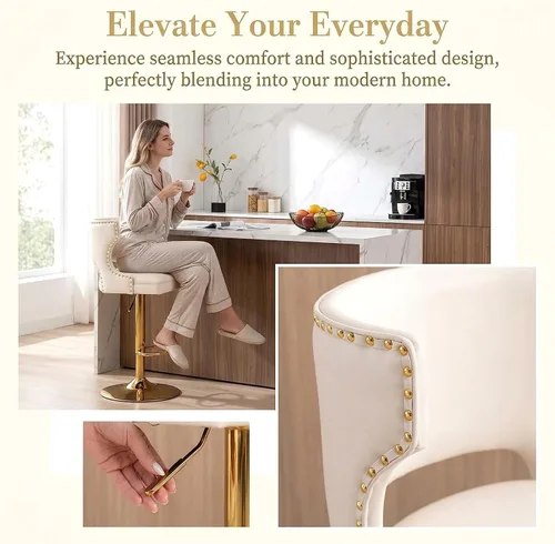 Miniatura 3 de ROCITY Juego de 2 taburetes de bar color beige con respaldo de piel sintética con base dorada, isla de cocina moderna ajustable para comedor, barra