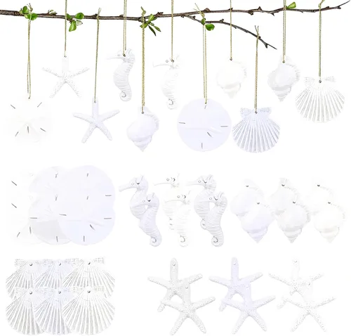 Miniatura 9 de 30 piezas de adornos de estrella de mar de resina, caballito de mar, sanddollar, concha y conchas marinas con cuerda para árbol de Navidad, adornos