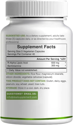 Miniatura 6 de DEAL SUPPLEMENT R Ácido alfa lipoico 600 mg con benfotiamina 300 mg por porción, 120 cápsulas vegetales – 200 mg de R-ALA por cápsula – Suplemento