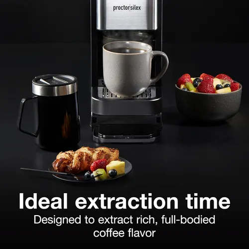 Miniatura 5 de Proctor-Silex - Cafetera de una sola porción compatible con paquetes de cápsulas y molidos, depósito de 40 onzas, hace cuatro tazas de 10 onzas sin