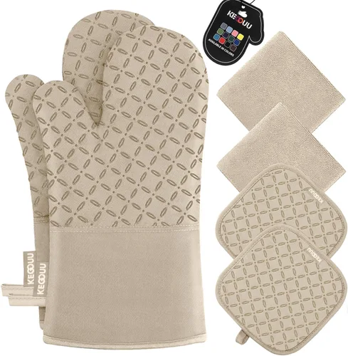 KEGOUU - Manoplas para cocina, juego de 6 manoplas para horno y soportes para ollas, resistentes al calor, 500 °F, extra largas, con superficie de