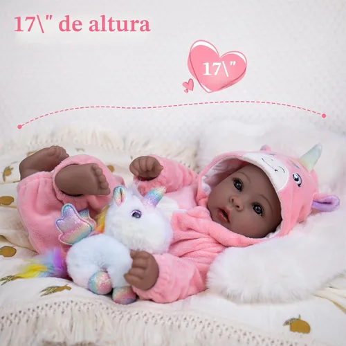 Miniatura 6 de Aori Muñecas Bebé Negras de 17 Pulgadas, Muñeca Negra Realista con Cuerpo Suave de Peso Ligero y Trajes Rosas para Niñas de 3+ Juego
