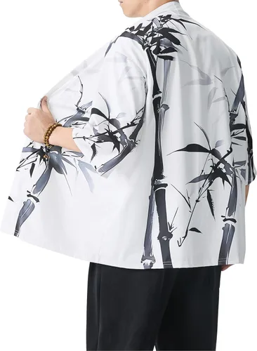 Miniatura 2 de PRIJOUHE Chaqueta Kimono Ligera para Hombre de Manga Tres Cuartos con Frente Abierto Cárdigan Estilo Japonés