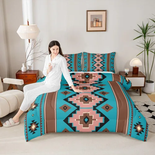 Miniatura 5 de Feelyou Juego de edredón bohemio azteca para niños, tamaño individual, juego de ropa de cama de color marrón verde azulado para niños y niñas
