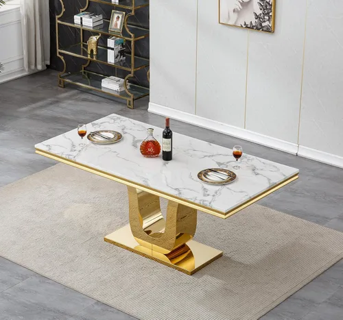 Miniatura 16 de Mesa de comedor de cristal de 51 pulgadas, mesa de comedor para 4-6, mesa de cocina dorada con patas de metal superior de vidrio templado