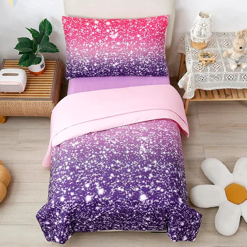 Miniatura 20 de URBONUR Juego de ropa de cama de 4 piezas para niños pequeños - Juego de edredón ultra suave con dibujos animados de animales del zoológico rosa