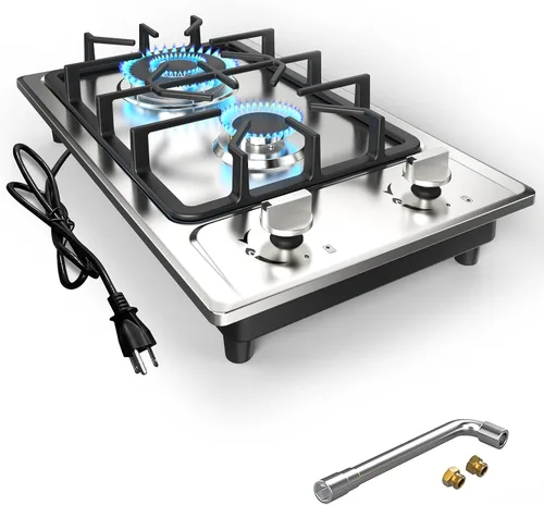 ANHANE - Estufa de cocina a gas, 2 quemadores, portátil de acero inoxidable de 12 pulgadas, combustible dual GLP/NG, estufa de gas integrada, ideal