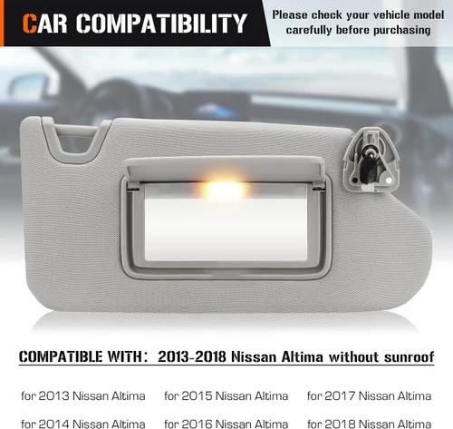 Miniatura 3 de Visera solar con luz de tocador para Nissan Altima 2013-2018 sin techo solar, repuesto para parasol gris del lado derecho del pasajero 96400-3TA2A