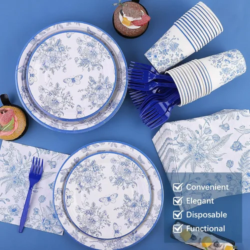 Miniatura 4 de DuroNY 144 piezas de juego de vajilla desechable azul y blanco con flores, platos de papel florales elegantes de 9 pulgadas y 7 pulgadas, vasos