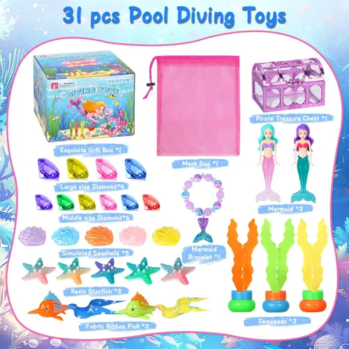 Miniatura 6 de VGOFUN Juguetes de piscina de buceo para niños de 3 a 12 años, 31 piezas de juguetes de sirena para piscina, juguetes de gemas de buceo con cofre