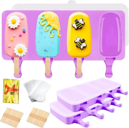 Miniatura 7 de 3 moldes de silicona grandes para paletas con tapas, 4 cavidades, moldes ovalados para barra de helado, moldes de silicona con 100 palos de madera