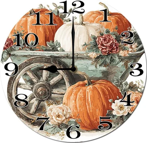 Reloj colgante de madera con parche de calabaza, reloj de pared redondo de madera, silencioso, sin tictac, funciona con pilas, números arábigos,