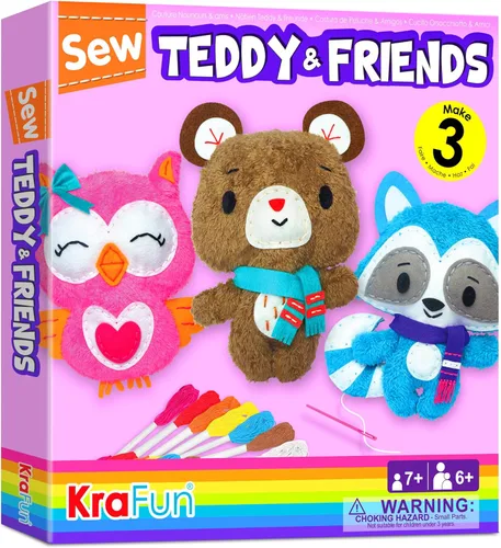KRAFUN Kit de costura para niños de 7, 8, 9, 10, 11, 12 años, principiante, My First Art & Craft, incluye 3 muñecas de animales de peluche, mapache