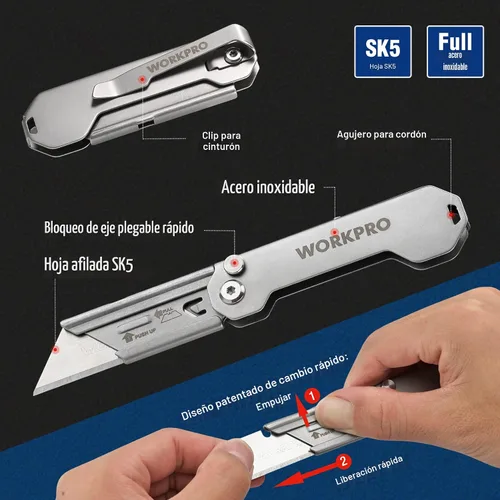 Miniatura 4 de WORKPRO Paquete de 3 cuchillos utilitarios plegables, cuchillas de cambio rápido, juego de cuchillos de bolsillo plegables EDC con clip