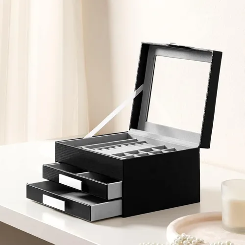Miniatura 3 de Oyydecor Joyero con tapa de cristal organizador de joyas de piel sintética de 3 niveles con 2 cajones estuche de joyería portátil grande