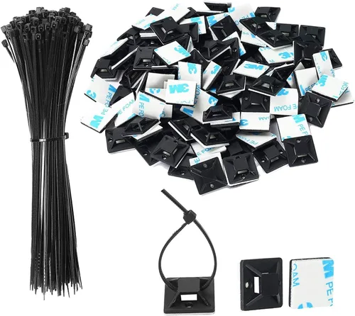 Juego de 100 soportes autoadhesivos para cables para gestión de cables con almohadillas de palo, clips de anclaje, soportes cuadrados (negro)