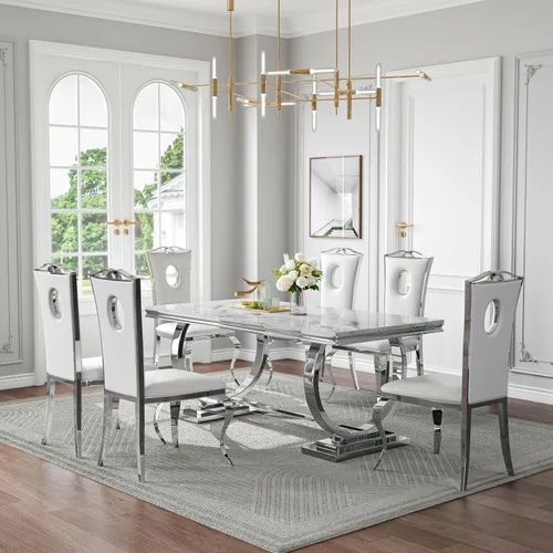 Miniatura 19 de Juego de mesa de comedor de mármol de 70 pulgadas para 6, mesa de cocina grande y sillas de cuero negro, mesas de comedor modernas negras y doradas