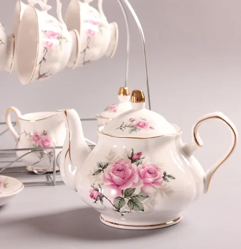 Miniatura 4 de Juego de tazas de café europeas de China de 15 piezas, juego de tazas de té de porcelana de cerámica con soporte de metal, juegos de regalo de té