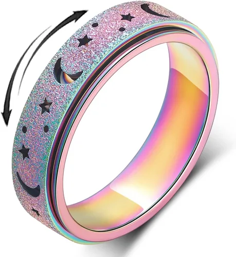 Miniatura 7 de OreilleStar Anillo de Ansiedad para Mujeres Anillo Fidget: Anillos Fidget de Acero Inoxidable Luna Estrella Anillo Fidgit para Mujeres Oro Plata