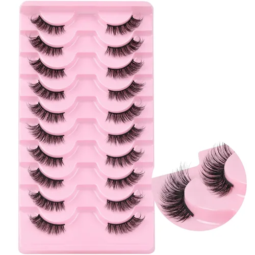 Ahrikiss - Pestañas postizas de medio ojo, aspecto natural, 10 pares, pestañas finas de ojo de gato, 10mm, pestañas postizas esponjosas de volumen